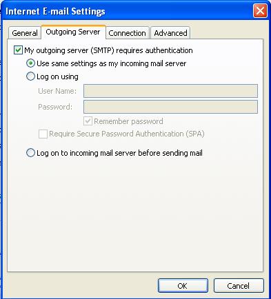 Outlook 2007: Outgoing Server Tab